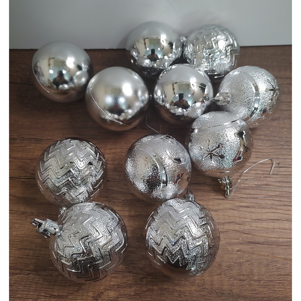 Lot of 11 Christmas Ornaments Shatterproof Ball Silver Shiny Finish Textured O54